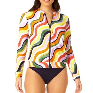 Anne Cole Long Sleeve Full Zip Rash Guard Top Size M UPF 50+ Multicolor NWT